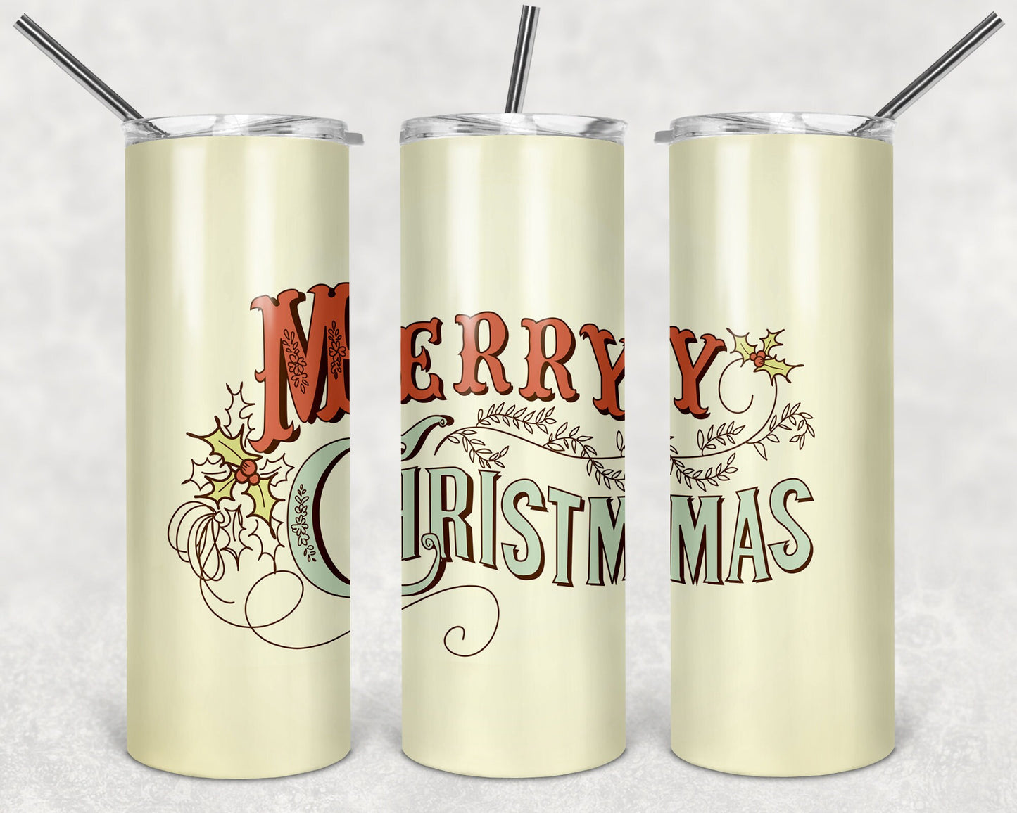 Vintage Look Merry Christmas 20oz Skinny Tumbler - Stainless Steel