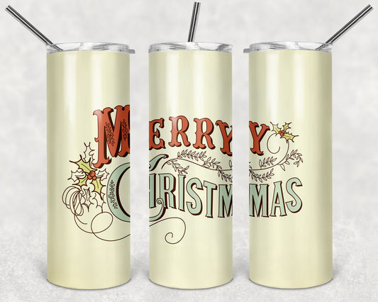 Vintage Look Merry Christmas 20oz Skinny Tumbler - Stainless Steel