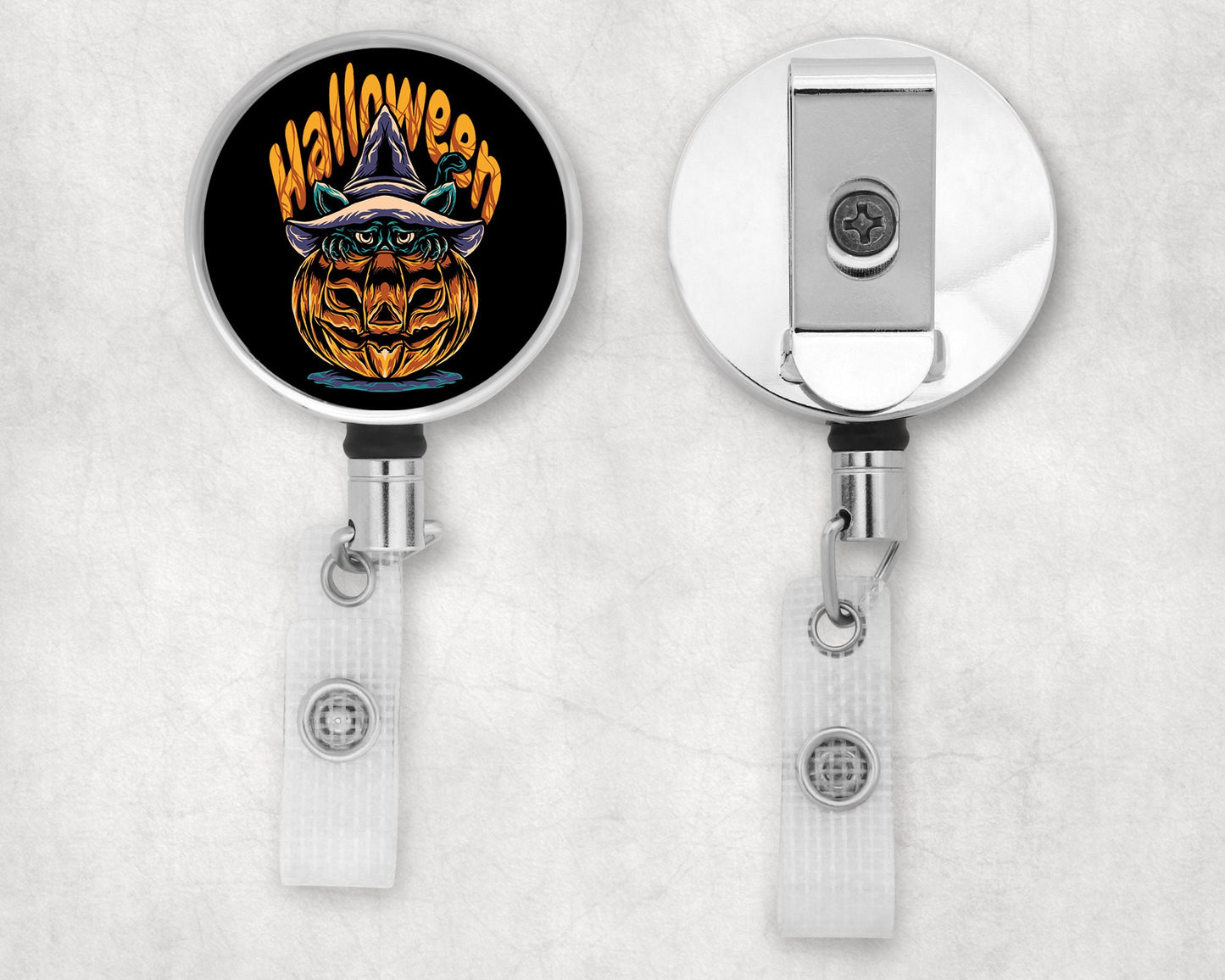 Cute Happy Halloween Black Cat & Pumpkin Badge Reel