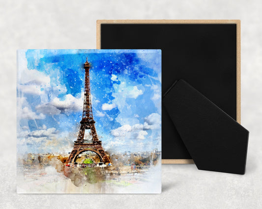 Watercolor Paris Eiffel Tower Art Decorative Ceramic Tile with Optional Easel Back - Available in 3 Sizes
