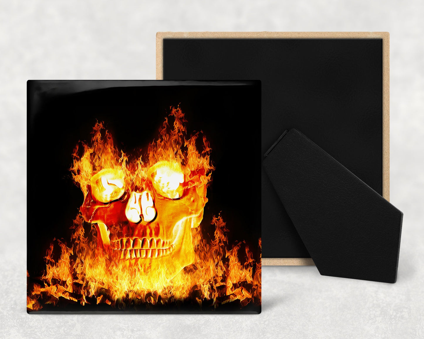 Flaming Skull Halloween Art Decorative Ceramic Tile with Optional Easel Back - Available in 3 Sizes
