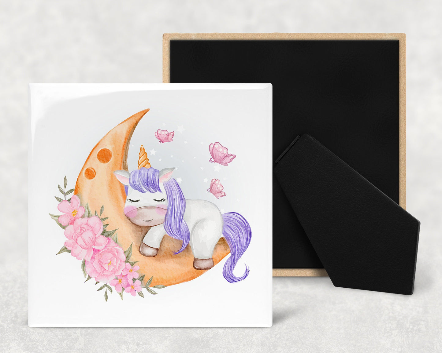 Cute Sleeping Unicorn on Moon Nursery Art Decorative Ceramic Tile with Optional Easel Back - Available in 3 Sizes