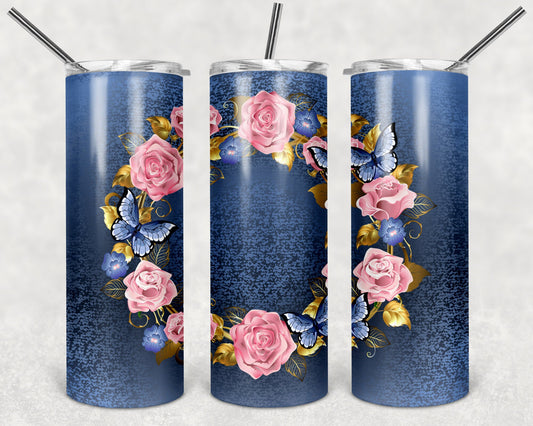Butterfly Wreath on Denim Texture Art 20oz Skinny Tumbler - Stainless Steel