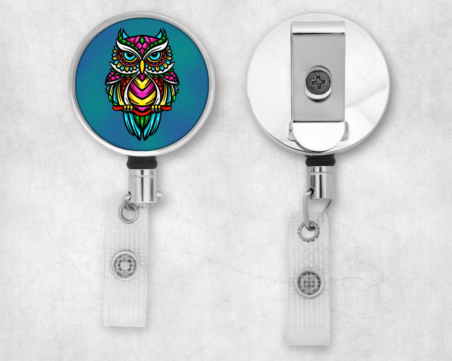 Colorful Tribal Owl Art Badge Reel