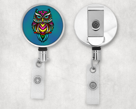 Colorful Tribal Owl Art Badge Reel