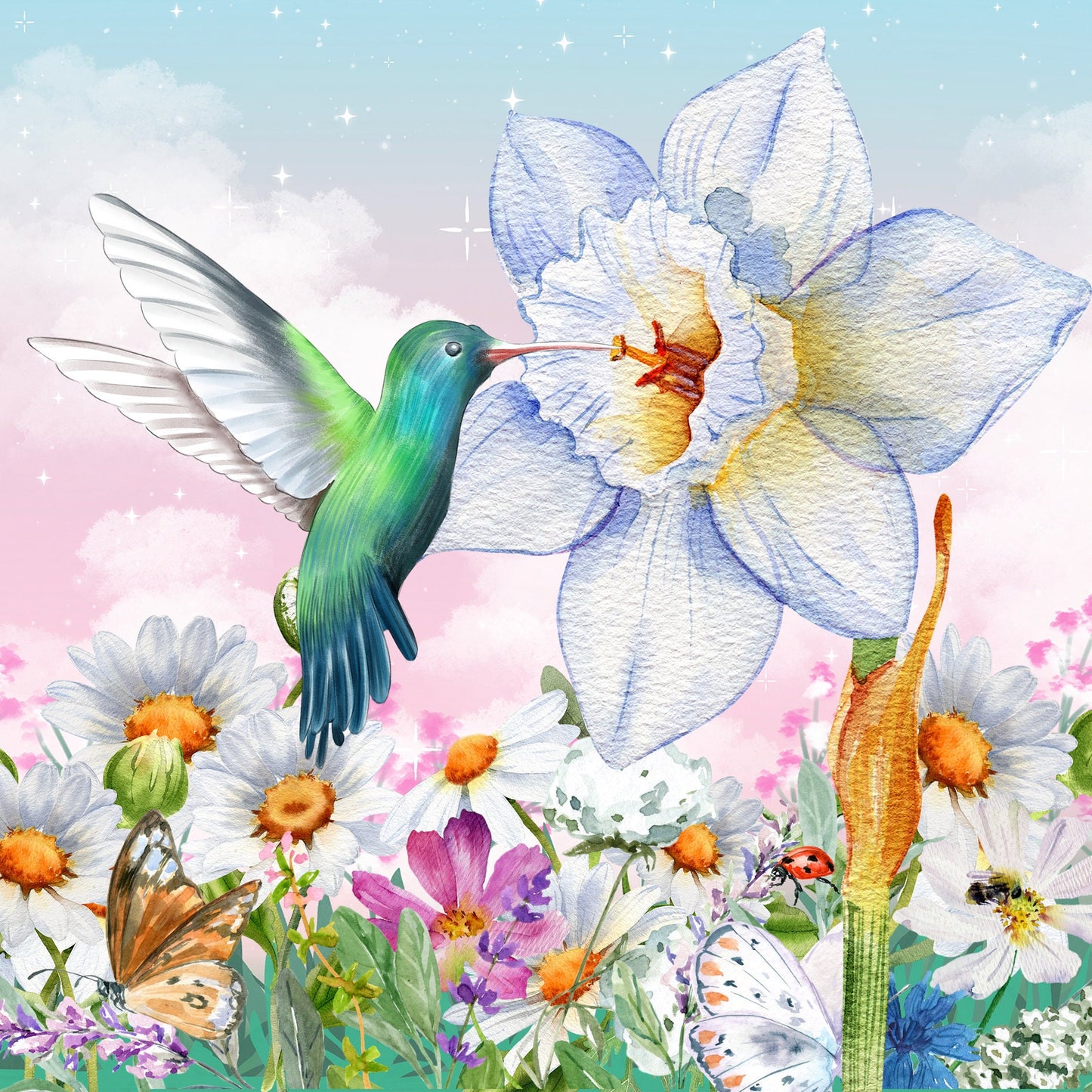 Hummingbird and Wildflowers Art Decorative Ceramic Tile with Optional Easel Back - Available in 3 Sizes