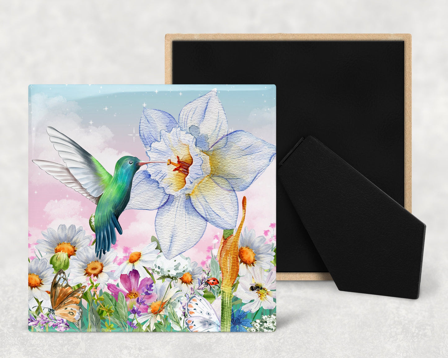 Hummingbird and Wildflowers Art Decorative Ceramic Tile with Optional Easel Back - Available in 3 Sizes