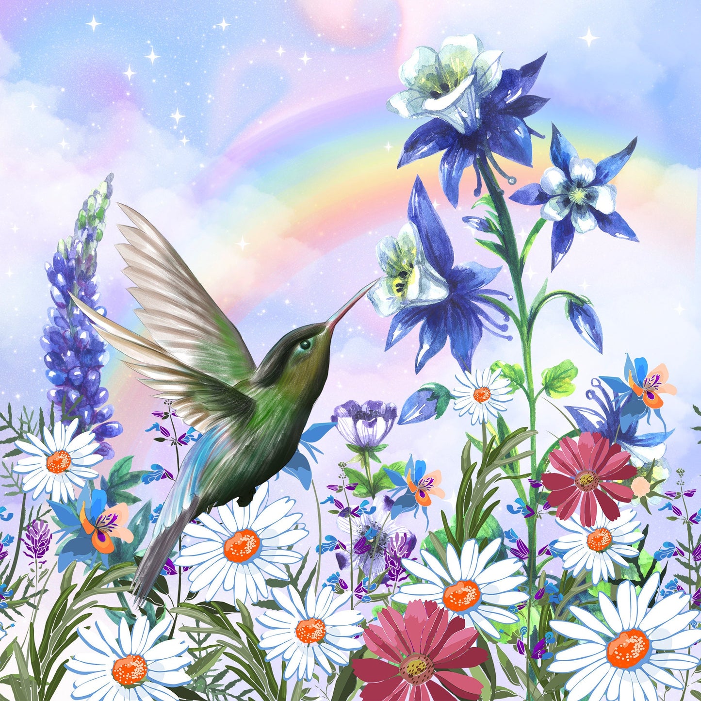 Hummingbird and Wildflowers Art Decorative Ceramic Tile with Optional Easel Back - Available in 3 Sizes