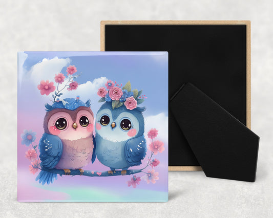 Cute Cartoon Owls In Love Decorative Ceramic Tile Set with Optional Easel Back - Available in 4 sizes - Set of 4