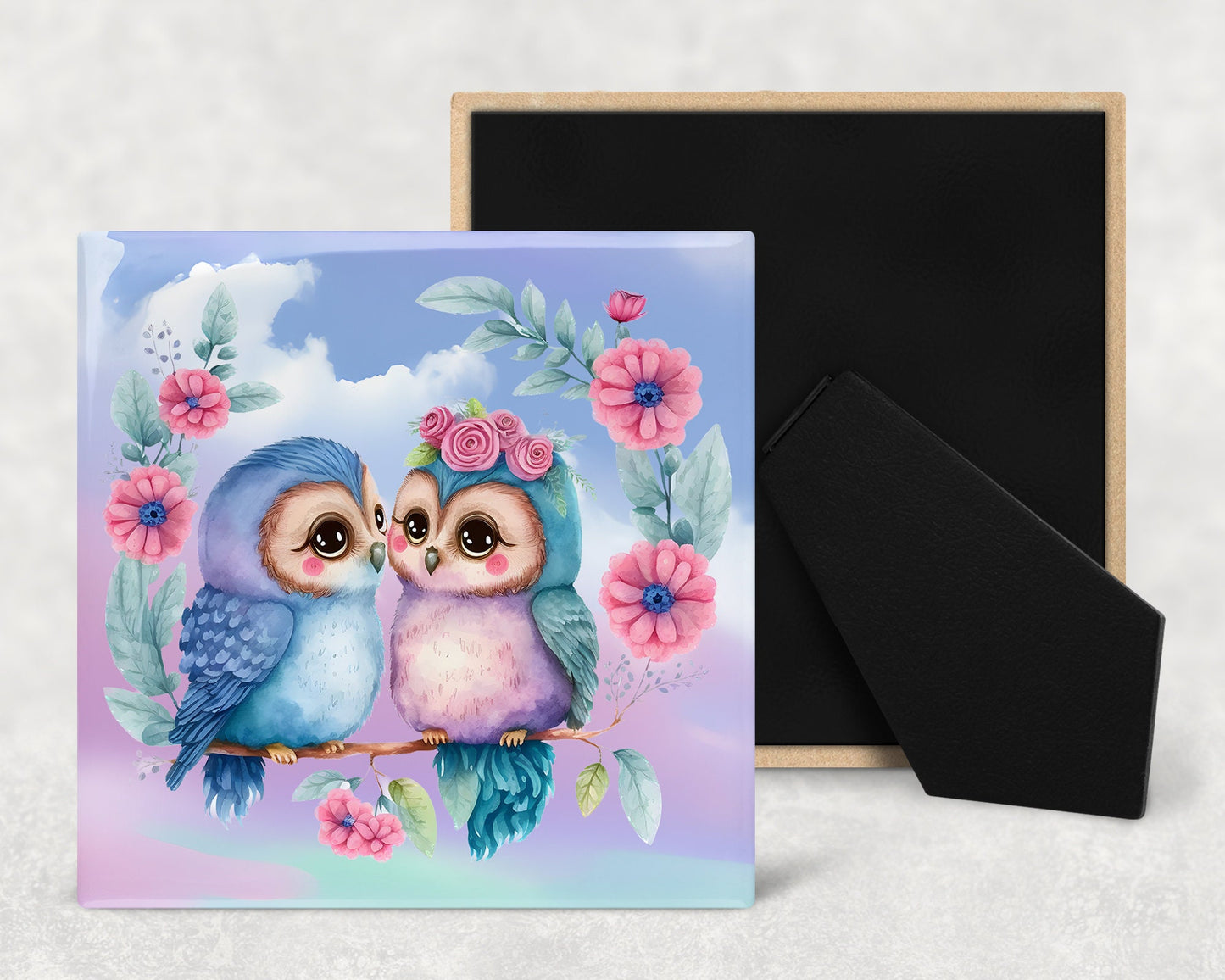 Cute Cartoon Owls In Love Decorative Ceramic Tile Set with Optional Easel Back - Available in 4 sizes - Set of 4