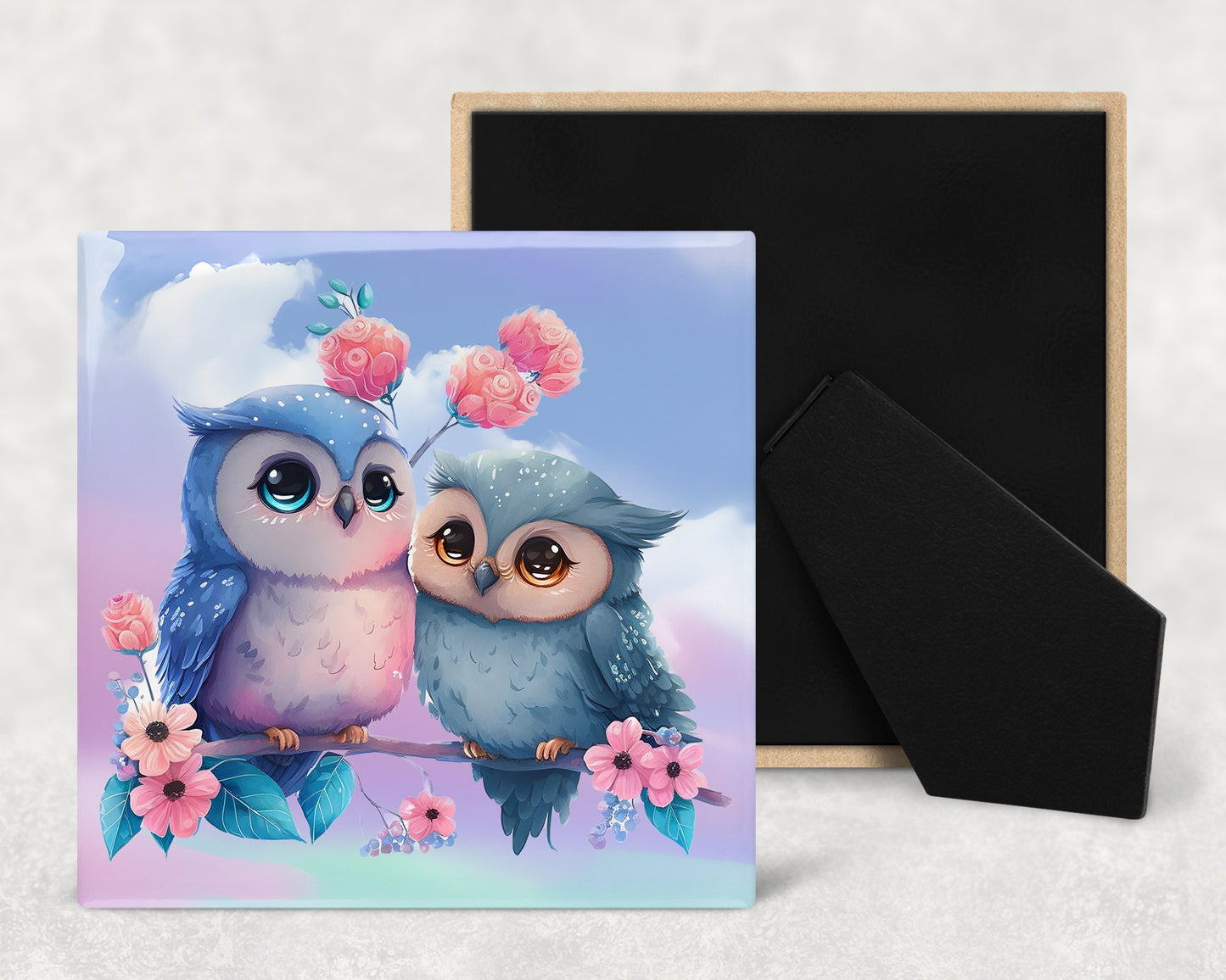 Cute Cartoon Owls In Love Decorative Ceramic Tile Set with Optional Easel Back - Available in 4 sizes - Set of 4