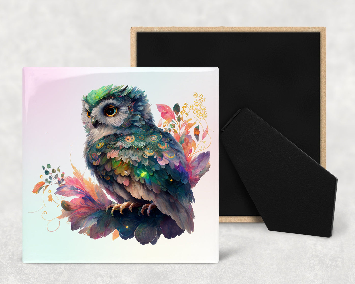Cute Shiny Owl Decorative Ceramic Tile Set with Optional Easel Back - Available in 4 sizes - Set of 4