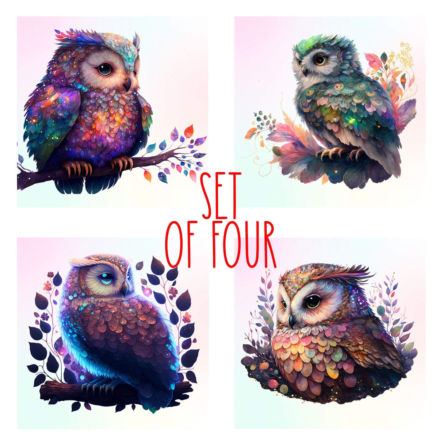 Cute Shiny Owl Decorative Ceramic Tile Set with Optional Easel Back - Available in 4 sizes - Set of 4
