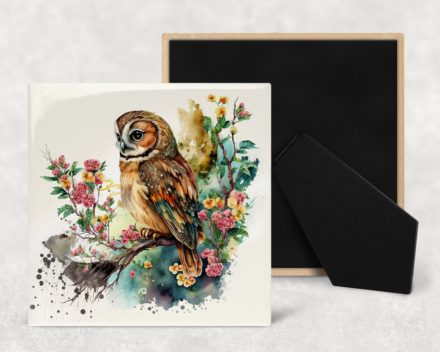 Floral Owls Decorative Ceramic Tile Set with Optional Easel Back - Available in 4 sizes - Set of 4