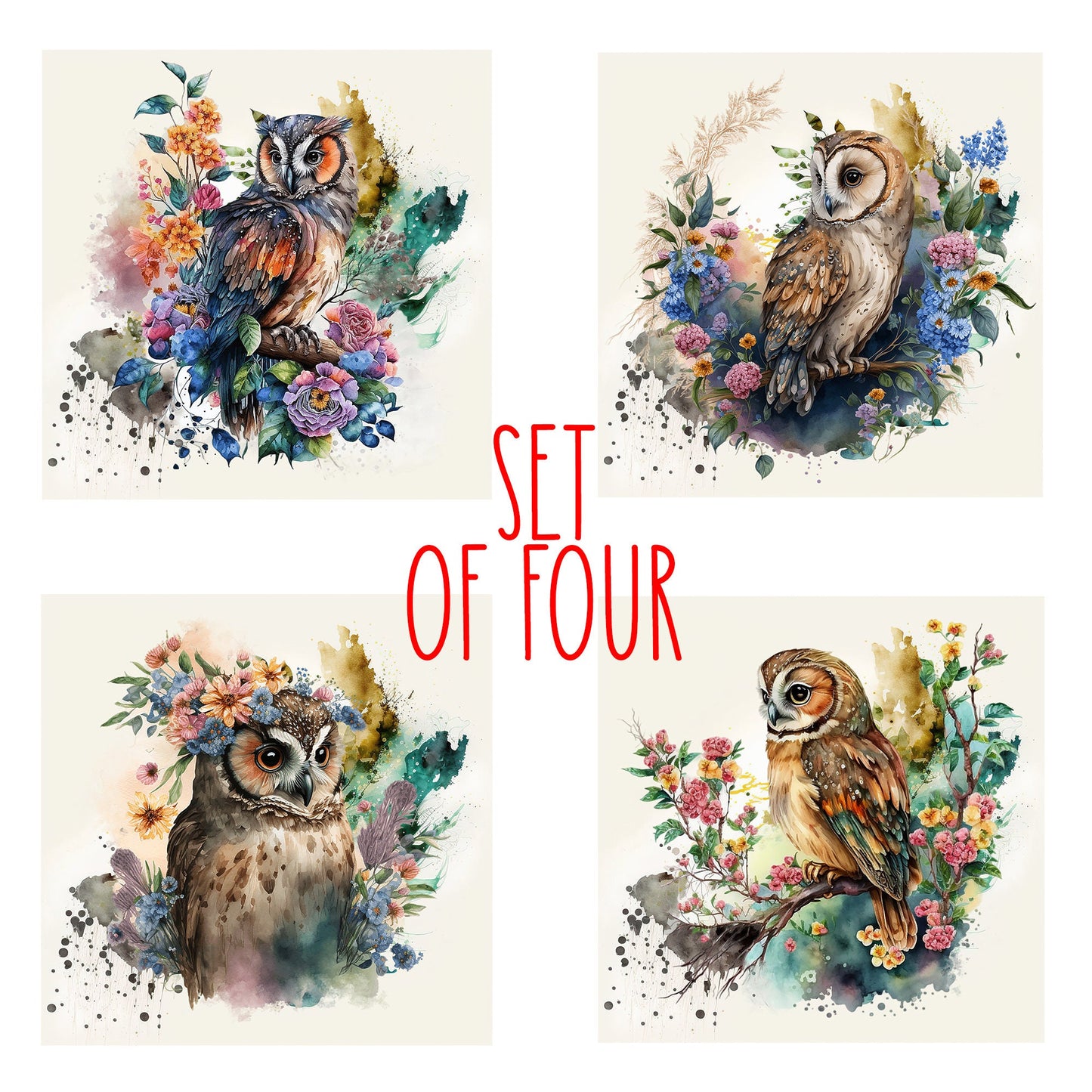 Floral Owls Decorative Ceramic Tile Set with Optional Easel Back - Available in 4 sizes - Set of 4