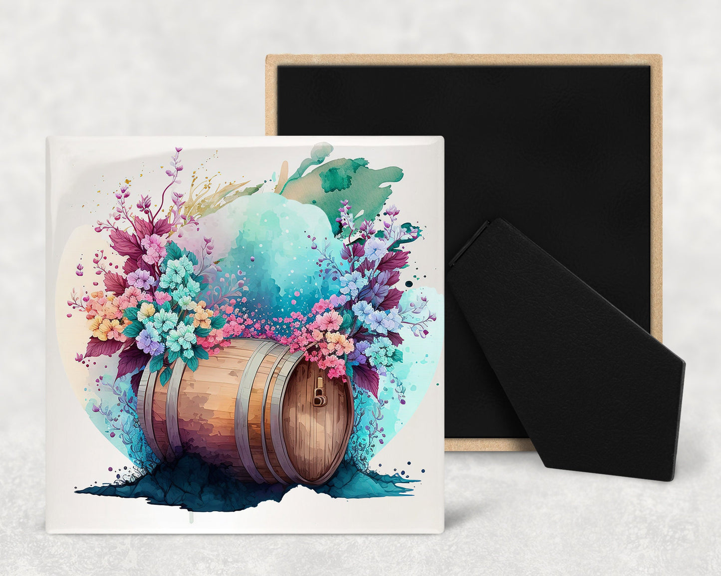 Floral Barrels Art Decorative Ceramic Tile Set with Optional Easel Back - Available in 4 sizes - Set of 4