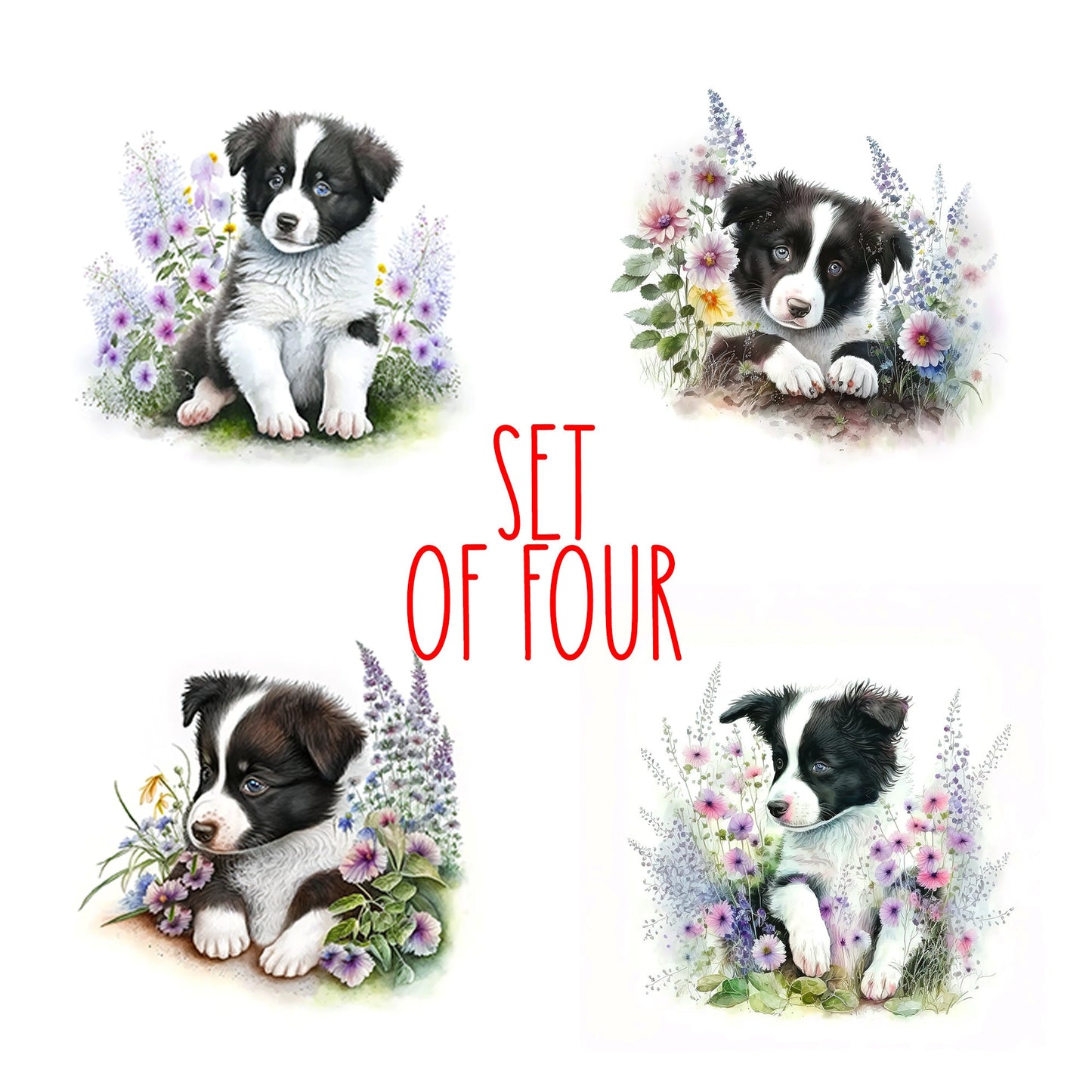 Cute Border Collie Puppy Art Decorative Ceramic Tile Set with Optional Easel Back - Available in 4 sizes - Set of 4