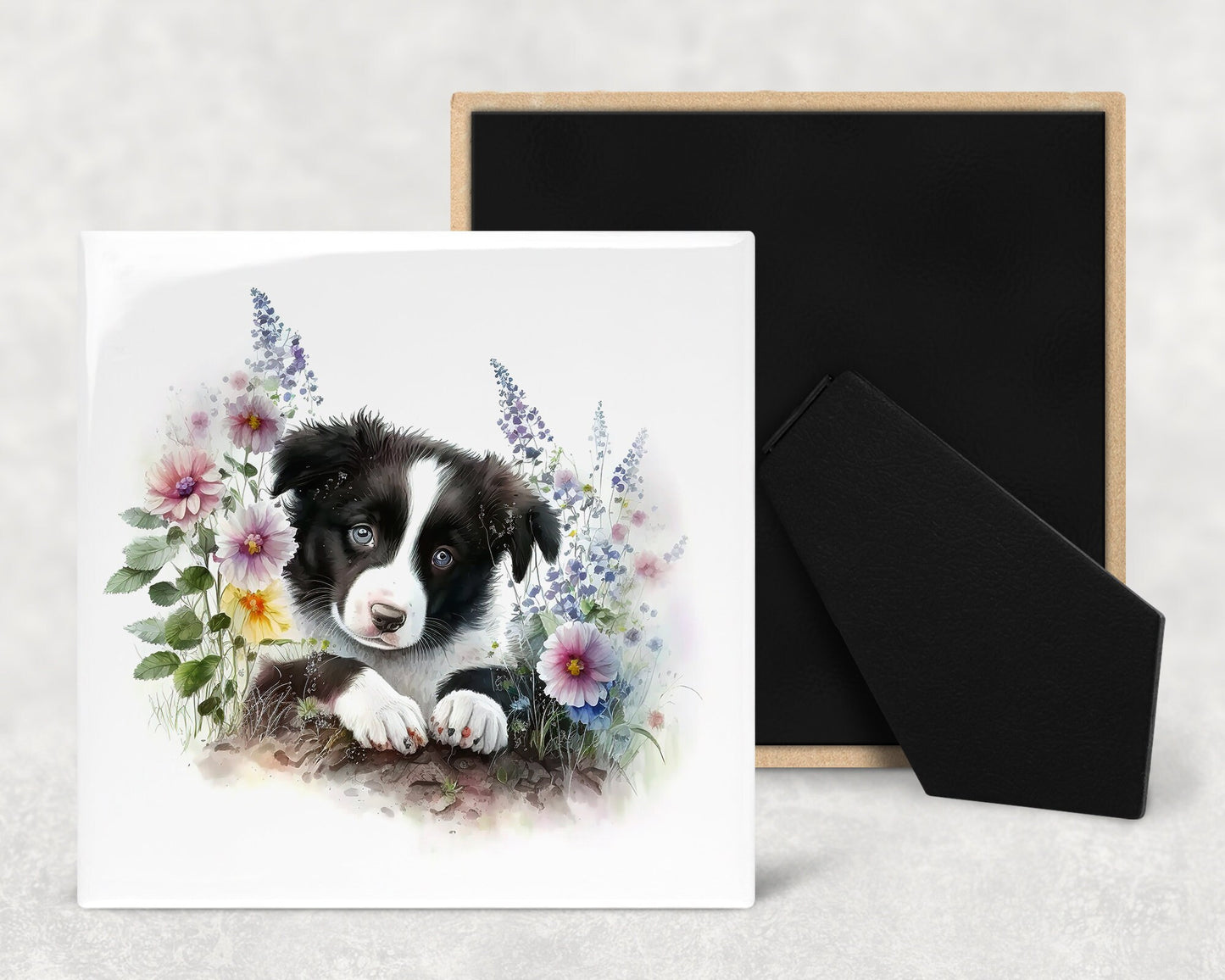Cute Border Collie Puppy Art Decorative Ceramic Tile Set with Optional Easel Back - Available in 4 sizes - Set of 4