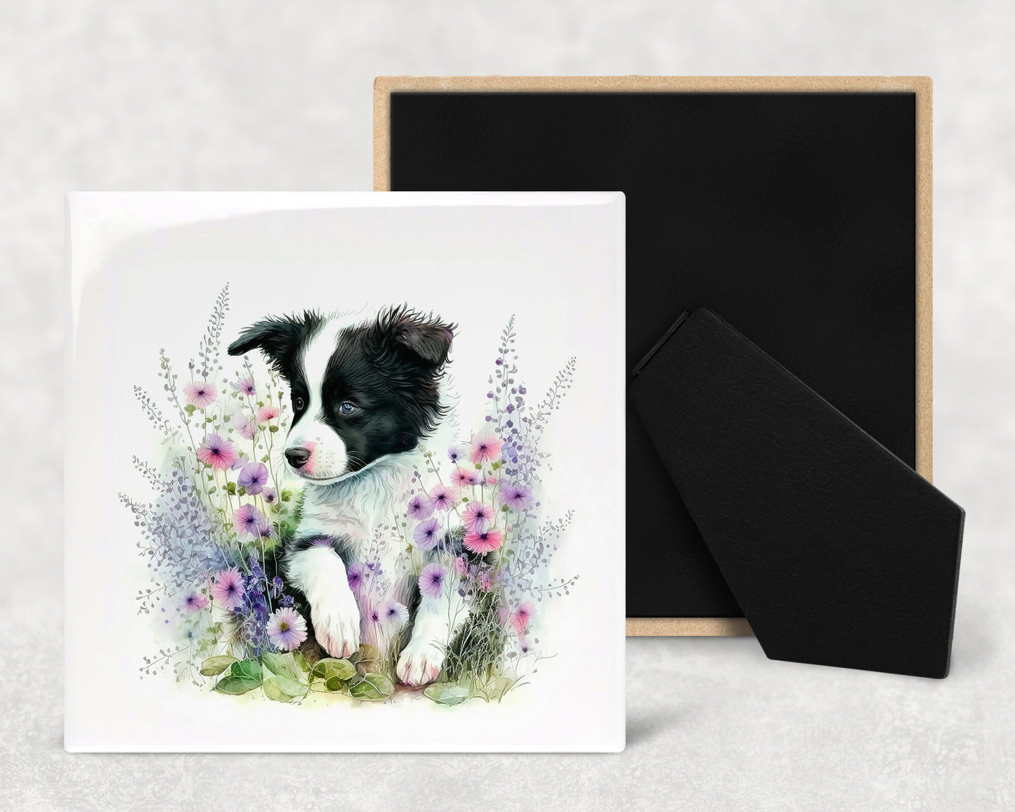 Cute Border Collie Puppy Art Decorative Ceramic Tile Set with Optional Easel Back - Available in 4 sizes - Set of 4