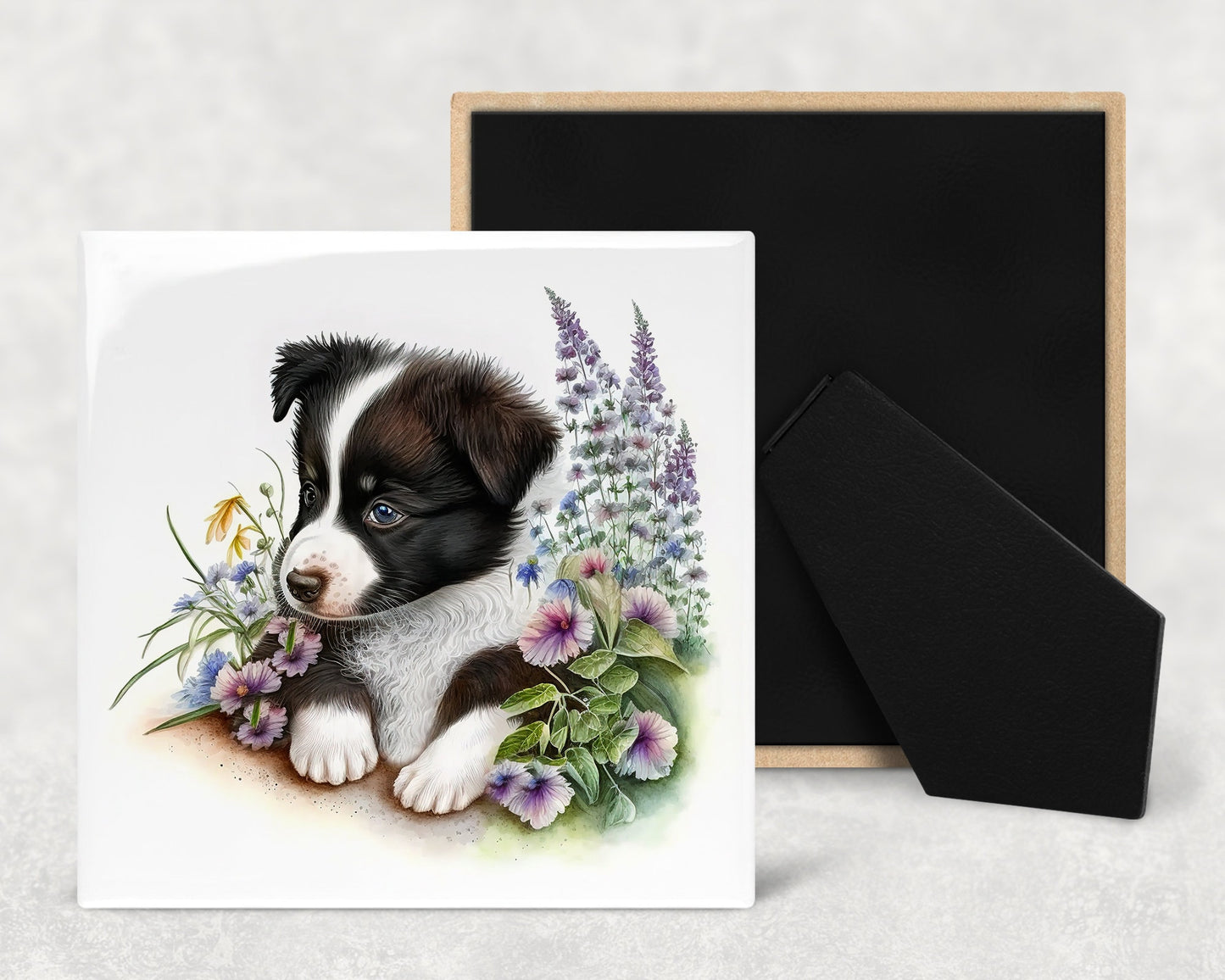 Cute Border Collie Puppy Art Decorative Ceramic Tile Set with Optional Easel Back - Available in 4 sizes - Set of 4