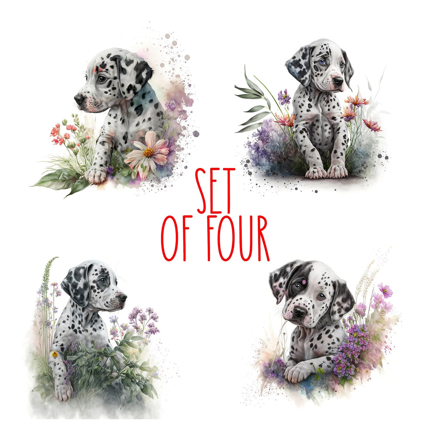 Cute Dalmatian Puppy Art Decorative Ceramic Tile Set with Optional Easel Back - Available in 4 sizes - Set of 4