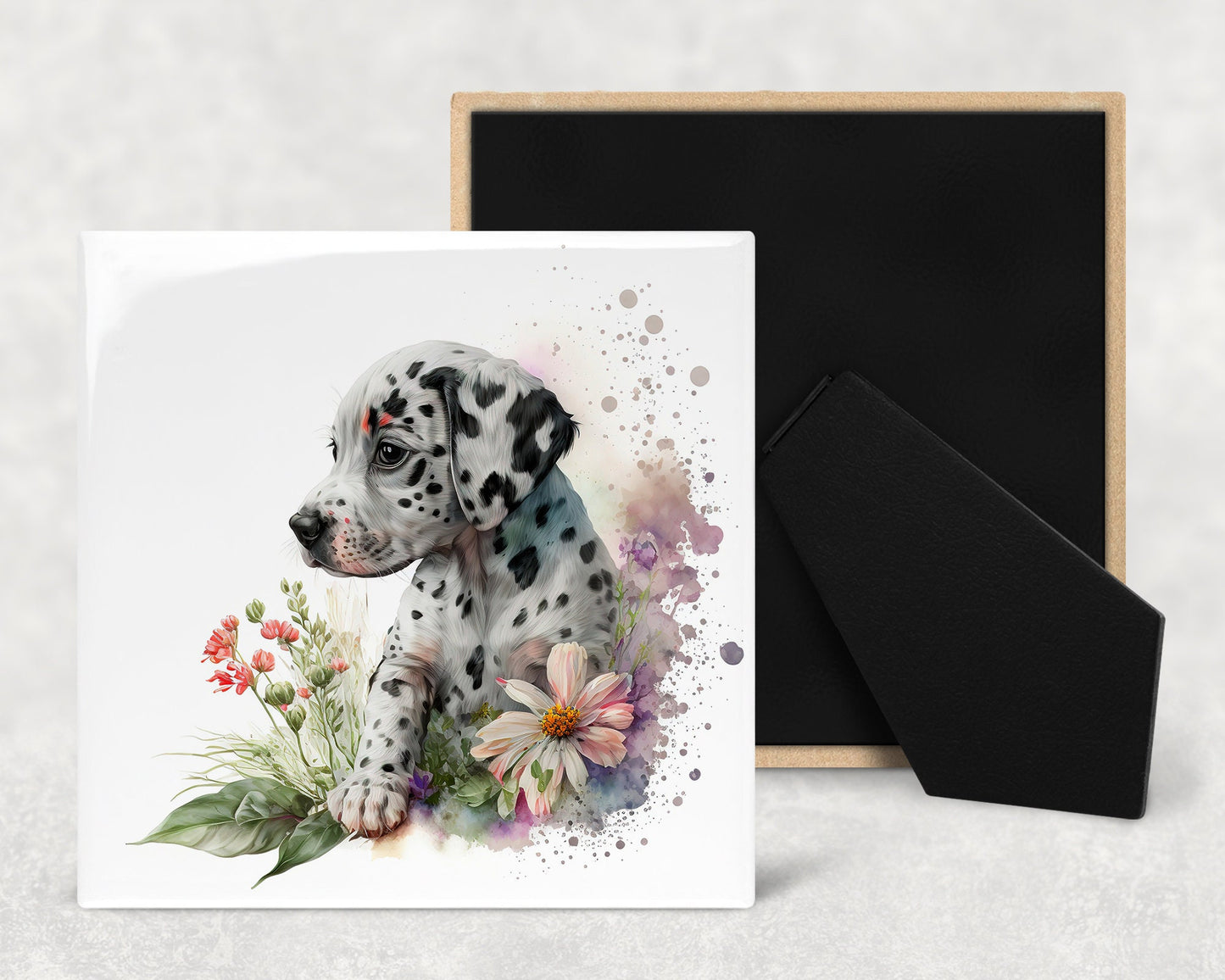 Cute Dalmatian Puppy Art Decorative Ceramic Tile Set with Optional Easel Back - Available in 4 sizes - Set of 4