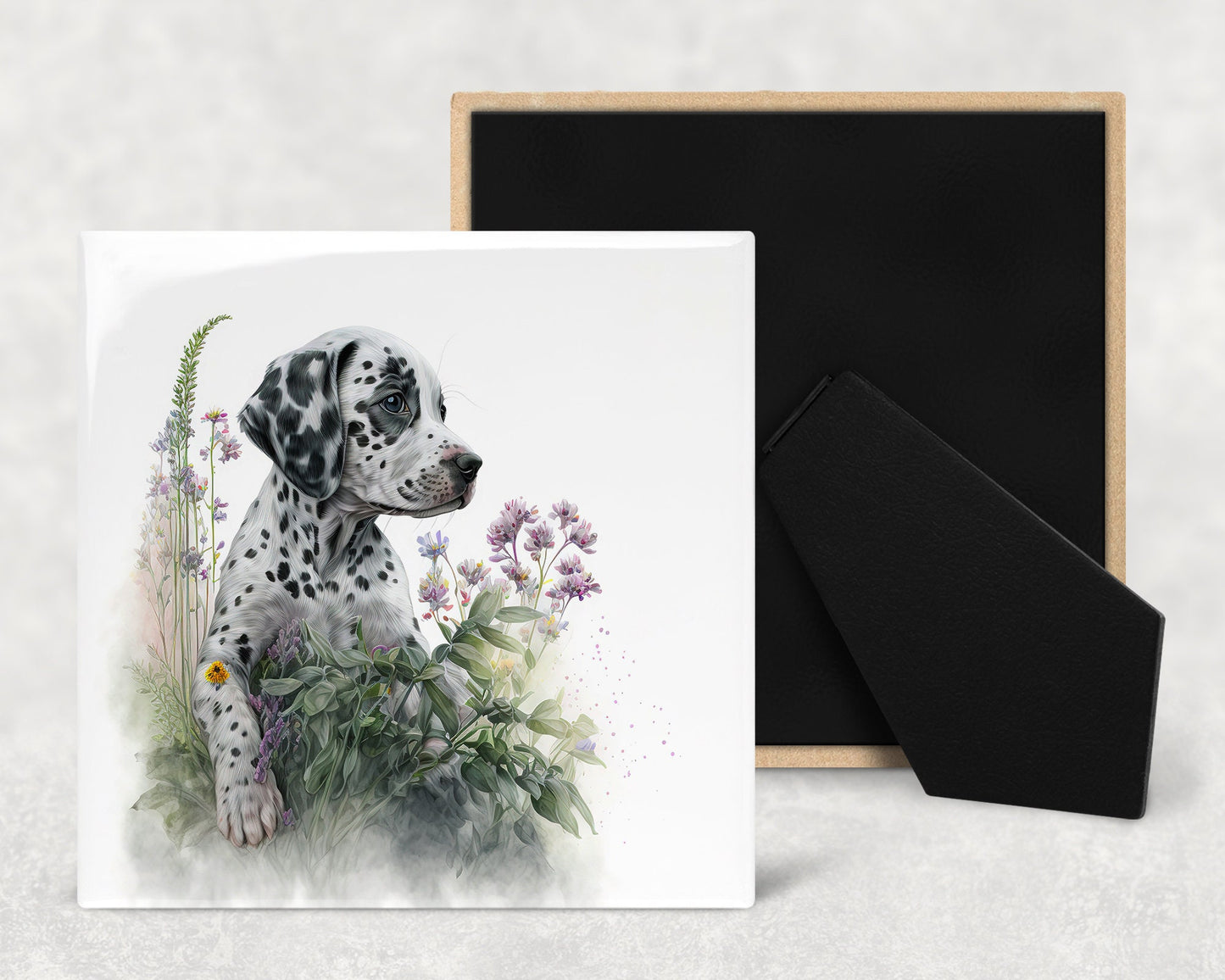 Cute Dalmatian Puppy Art Decorative Ceramic Tile Set with Optional Easel Back - Available in 4 sizes - Set of 4