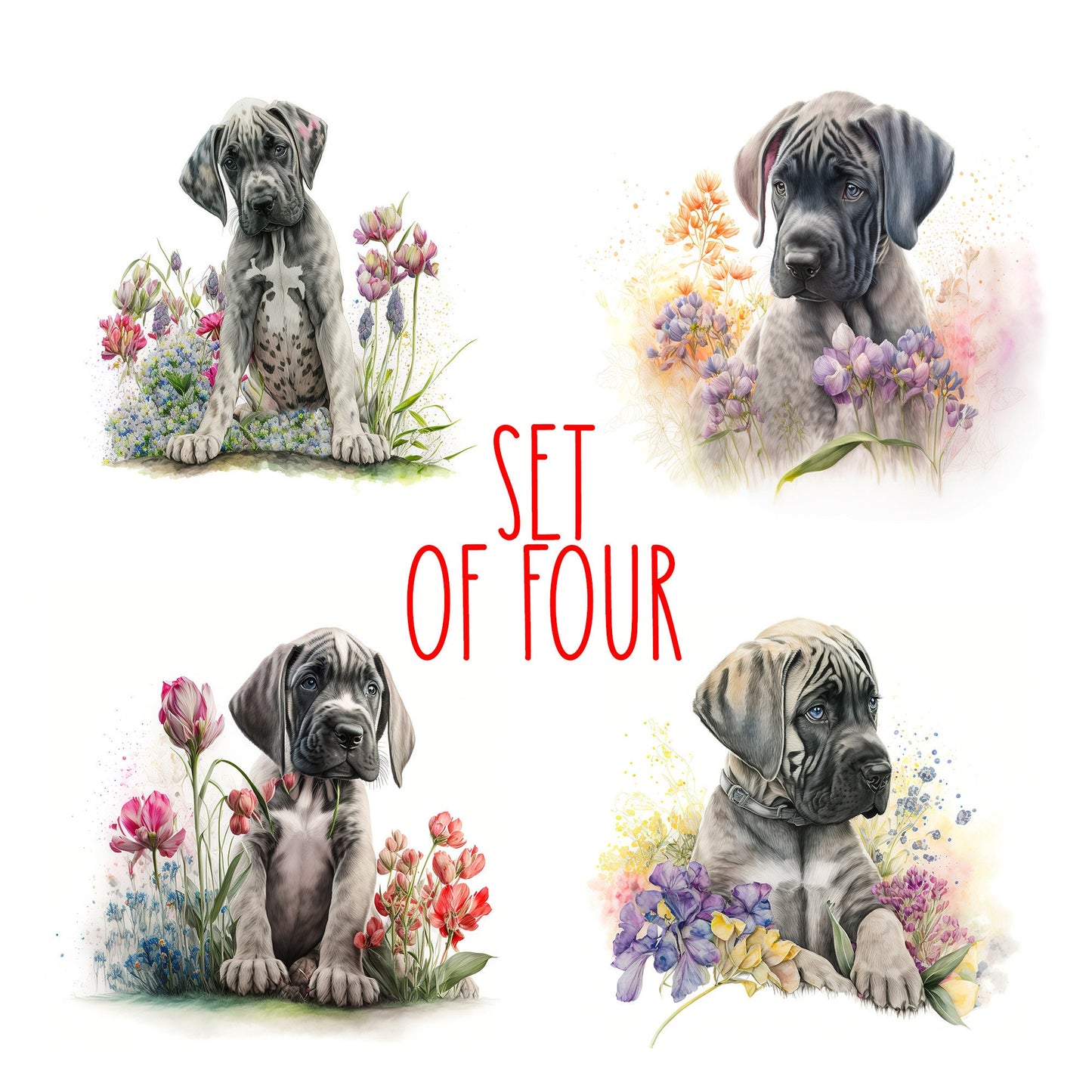 Cute Great Dane Puppy Art Decorative Ceramic Tile Set with Optional Easel Back - Available in 4 sizes - Set of 4