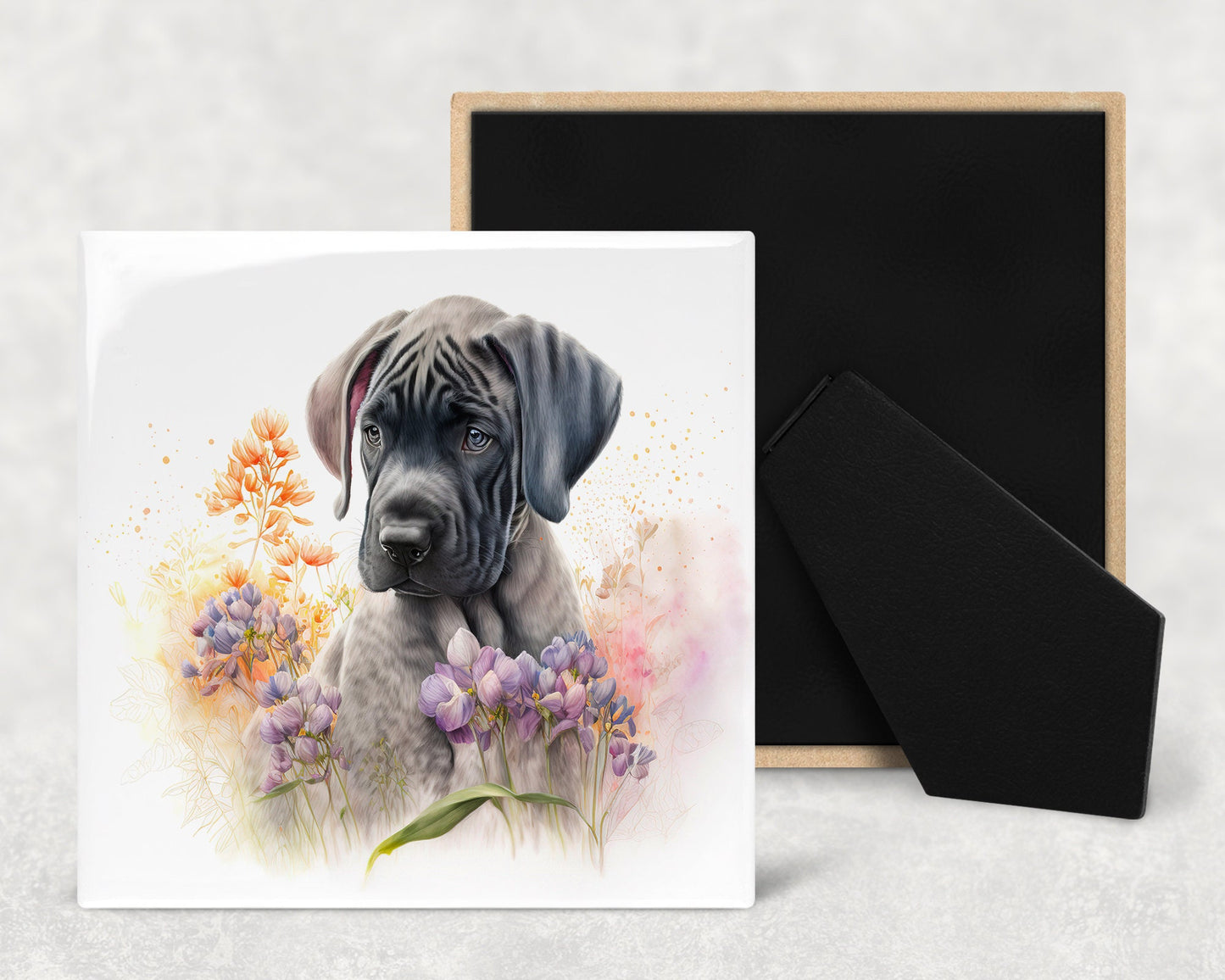 Cute Great Dane Puppy Art Decorative Ceramic Tile Set with Optional Easel Back - Available in 4 sizes - Set of 4