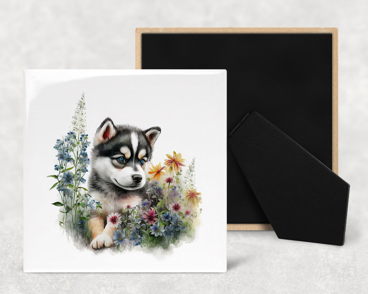 Cute Husky Puppy Art Decorative Ceramic Tile Set with Optional Easel Back - Available in 4 sizes - Set of 4