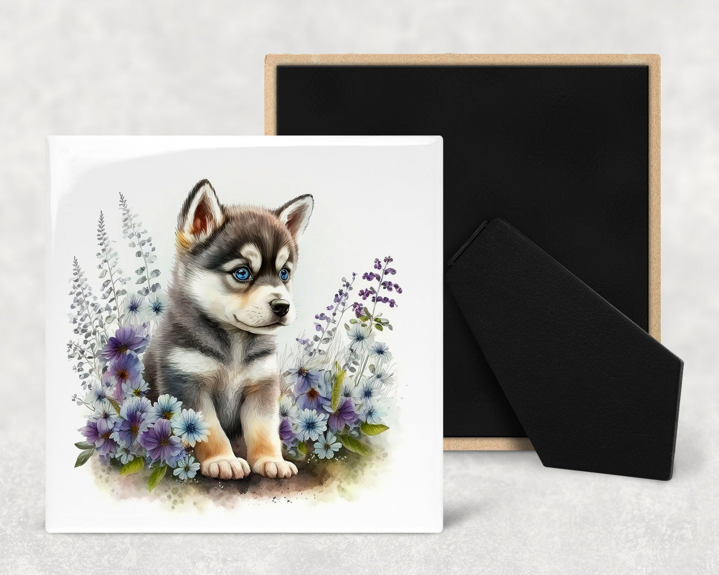 Cute Husky Puppy Art Decorative Ceramic Tile Set with Optional Easel Back - Available in 4 sizes - Set of 4