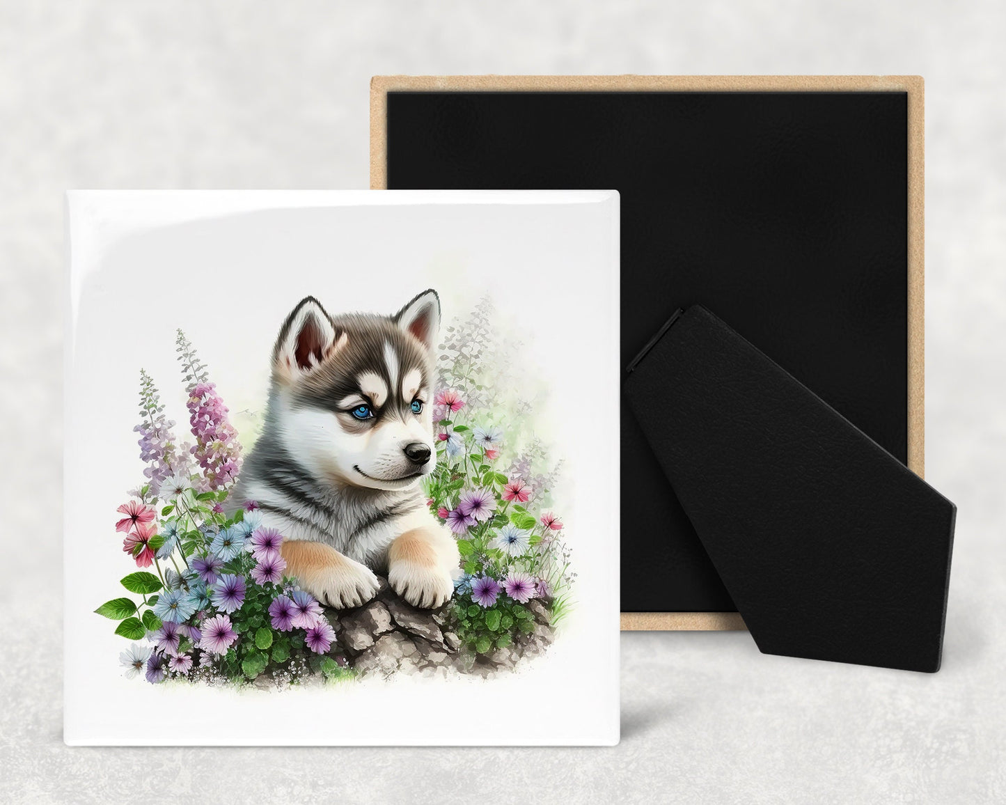 Cute Husky Puppy Art Decorative Ceramic Tile Set with Optional Easel Back - Available in 4 sizes - Set of 4