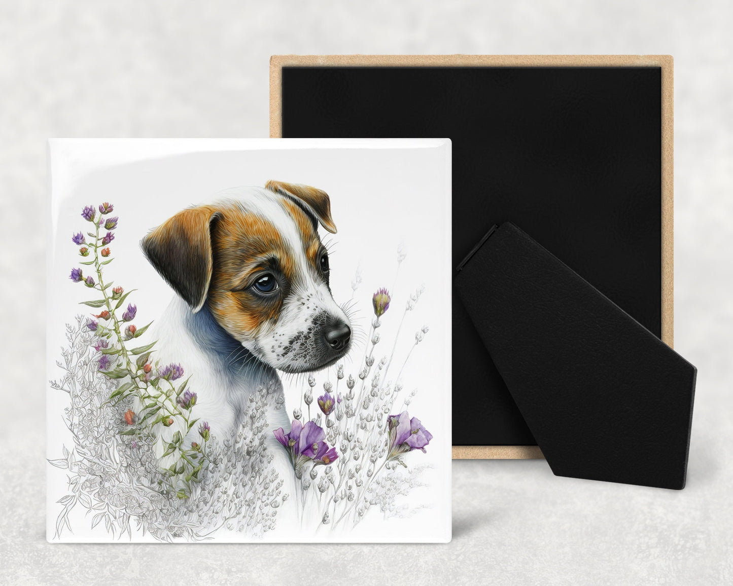 Cute Jack Russell Puppy Art Decorative Ceramic Tile Set with Optional Easel Back - Available in 4 sizes - Set of 4