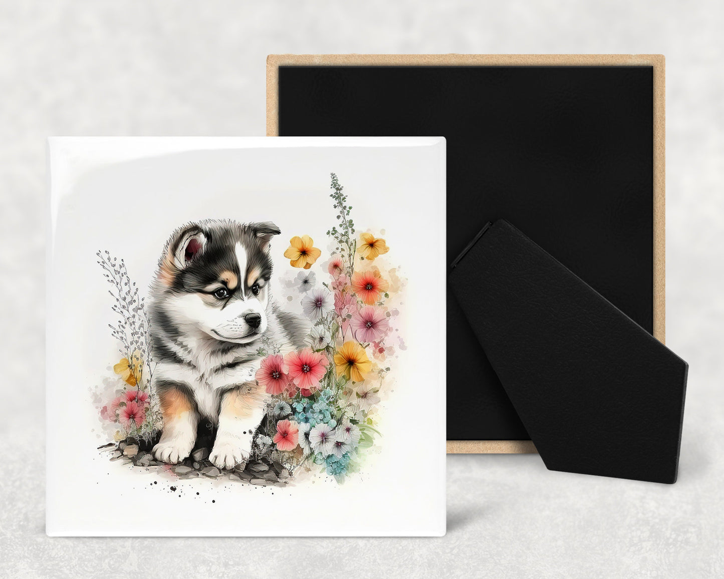 Cute Malamute Puppy Art Decorative Ceramic Tile Set with Optional Easel Back - Available in 4 sizes - Set of 4