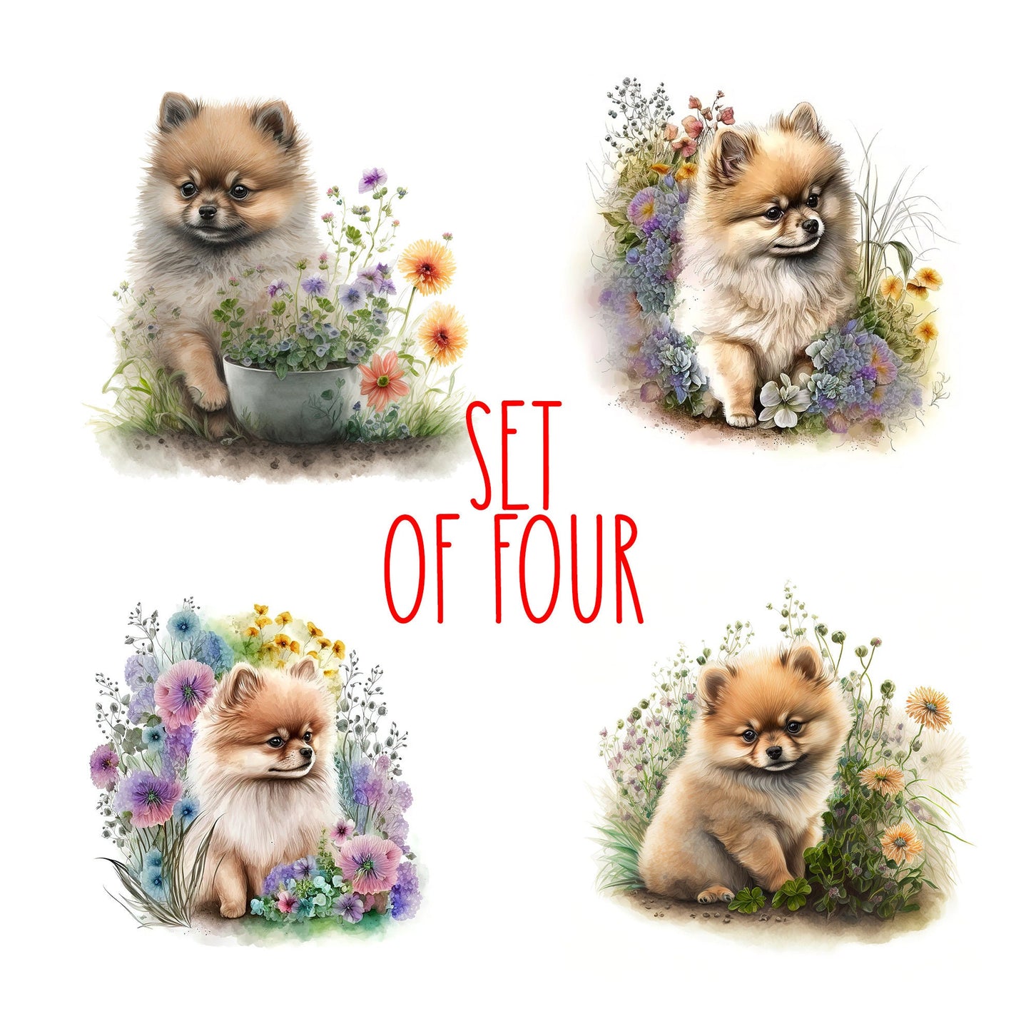 Cute Pomeranian Puppy Art Decorative Ceramic Tile Set with Optional Easel Back - Available in 4 sizes - Set of 4