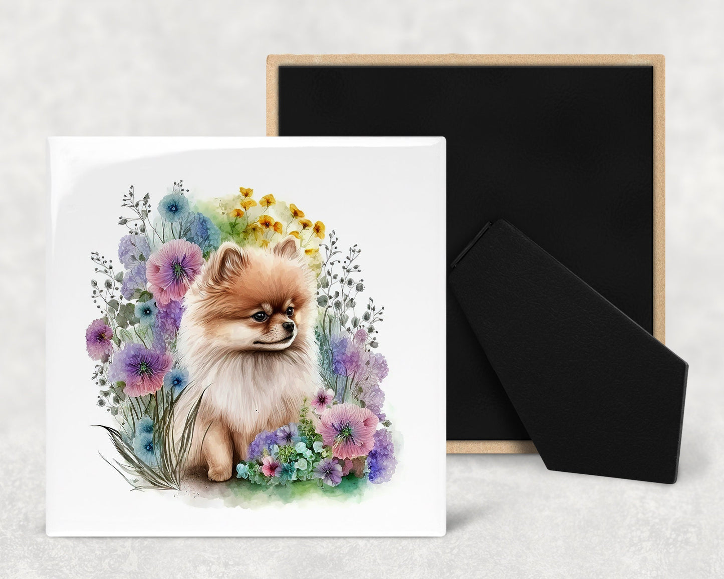 Cute Pomeranian Puppy Art Decorative Ceramic Tile Set with Optional Easel Back - Available in 4 sizes - Set of 4