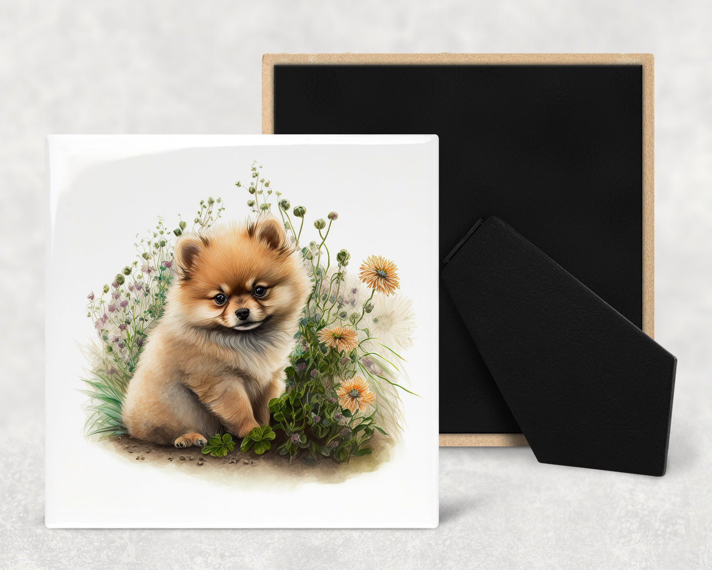 Cute Pomeranian Puppy Art Decorative Ceramic Tile Set with Optional Easel Back - Available in 4 sizes - Set of 4