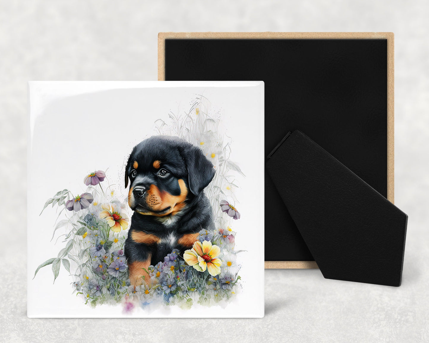 Cute Rottweiler Puppy Art Decorative Ceramic Tile Set with Optional Easel Back - Available in 4 sizes - Set of 4