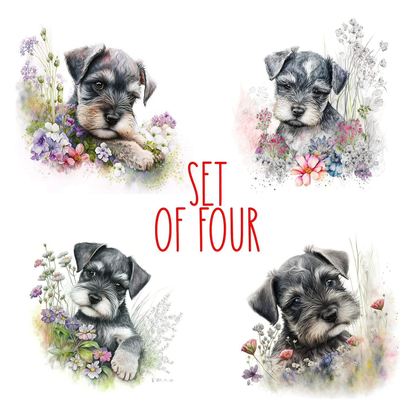 Cute Schnauzer Puppy Art Decorative Ceramic Tile Set with Optional Easel Back - Available in 4 sizes - Set of 4