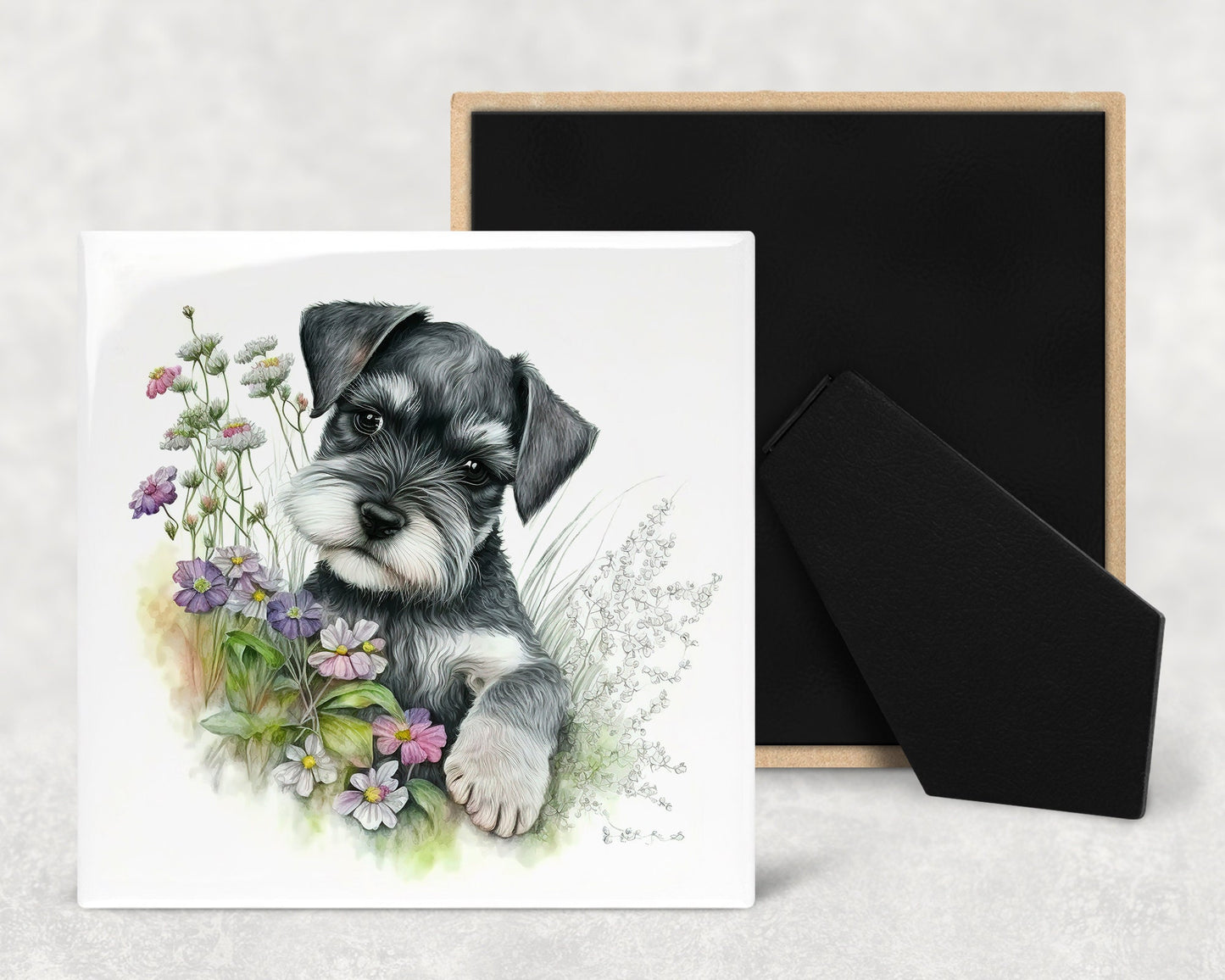 Cute Schnauzer Puppy Art Decorative Ceramic Tile Set with Optional Easel Back - Available in 4 sizes - Set of 4