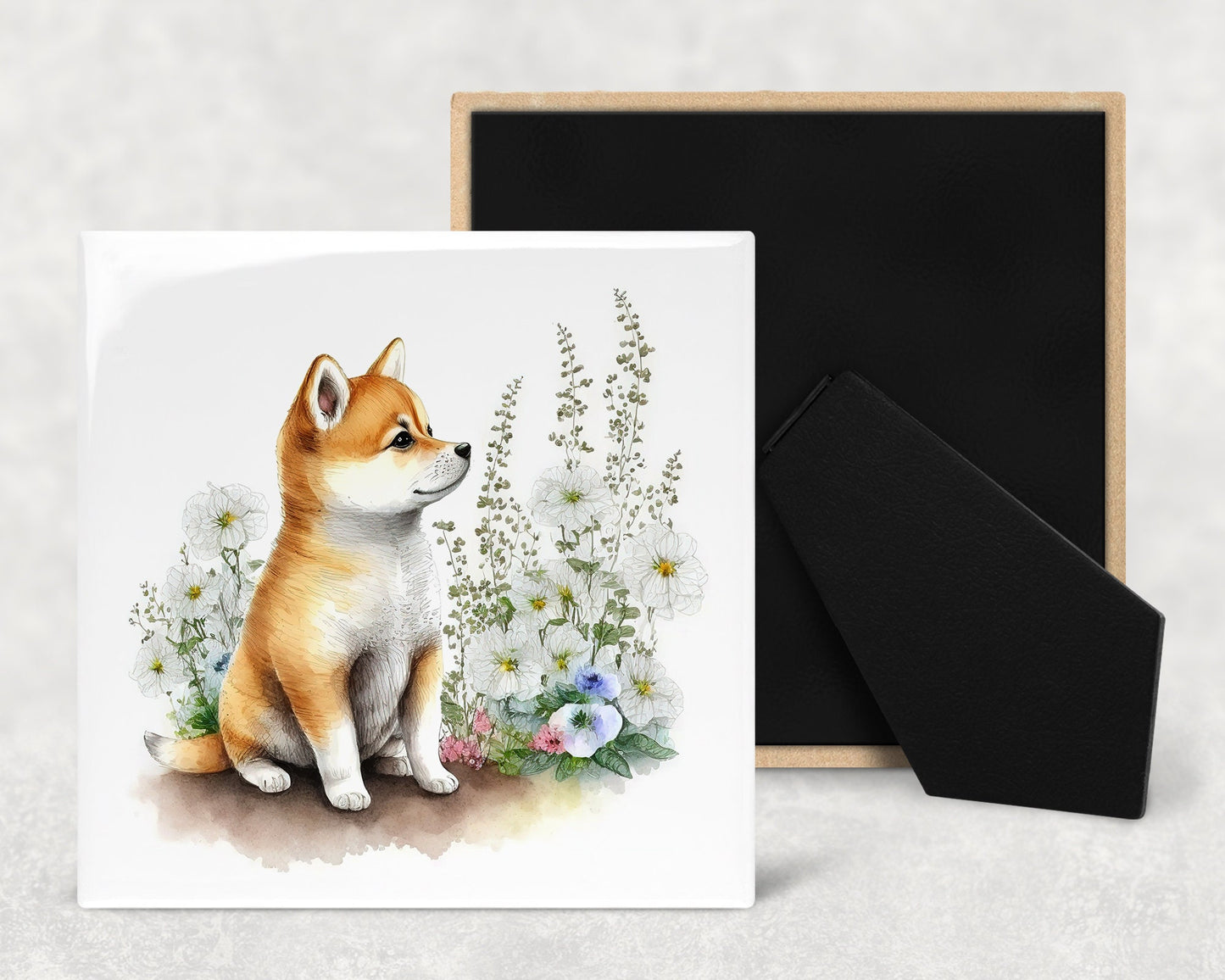 Cute Shiba Inu Puppy Art Decorative Ceramic Tile Set with Optional Easel Back - Available in 4 sizes - Set of 4