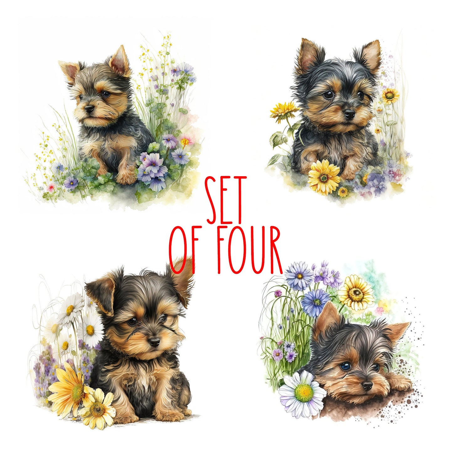 Cute Yorkie Puppy Art Decorative Ceramic Tile Set with Optional Easel Back - Available in 4 sizes - Set of 4
