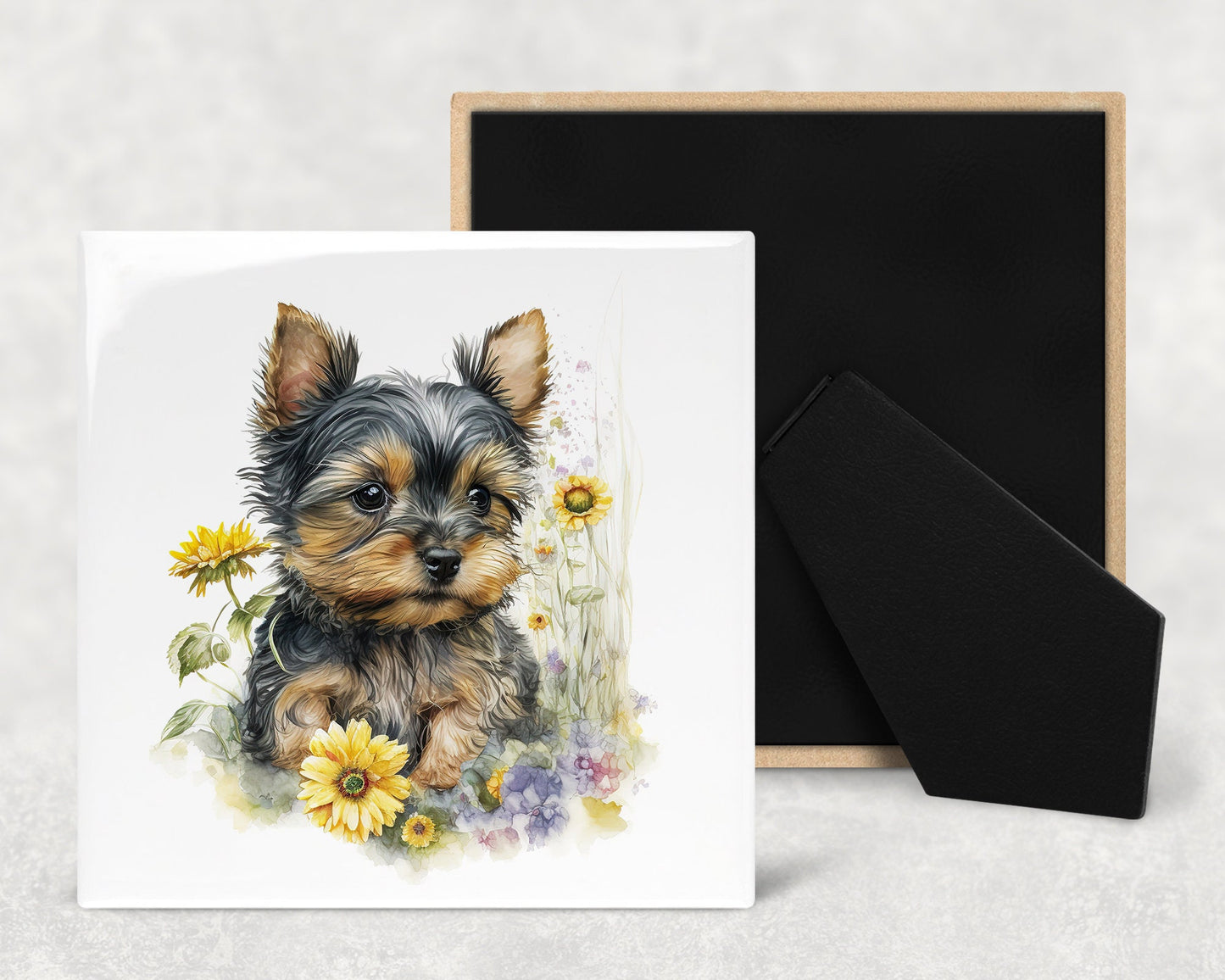 Cute Yorkie Puppy Art Decorative Ceramic Tile Set with Optional Easel Back - Available in 4 sizes - Set of 4