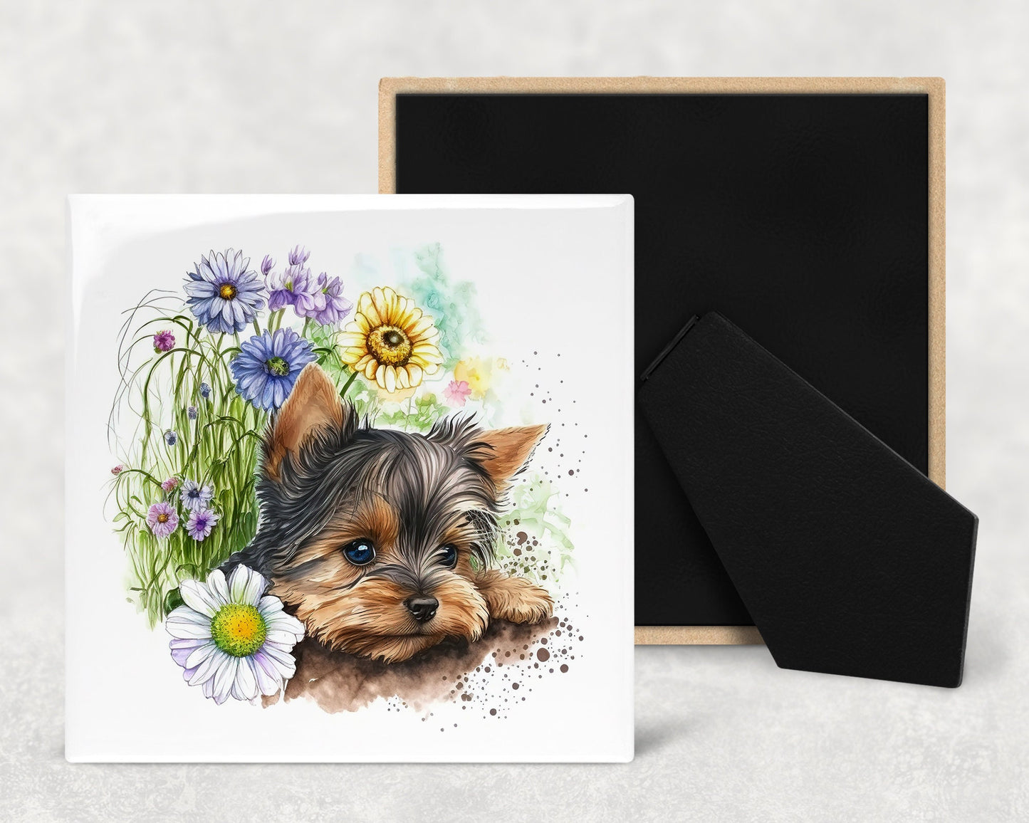 Cute Yorkie Puppy Art Decorative Ceramic Tile Set with Optional Easel Back - Available in 4 sizes - Set of 4