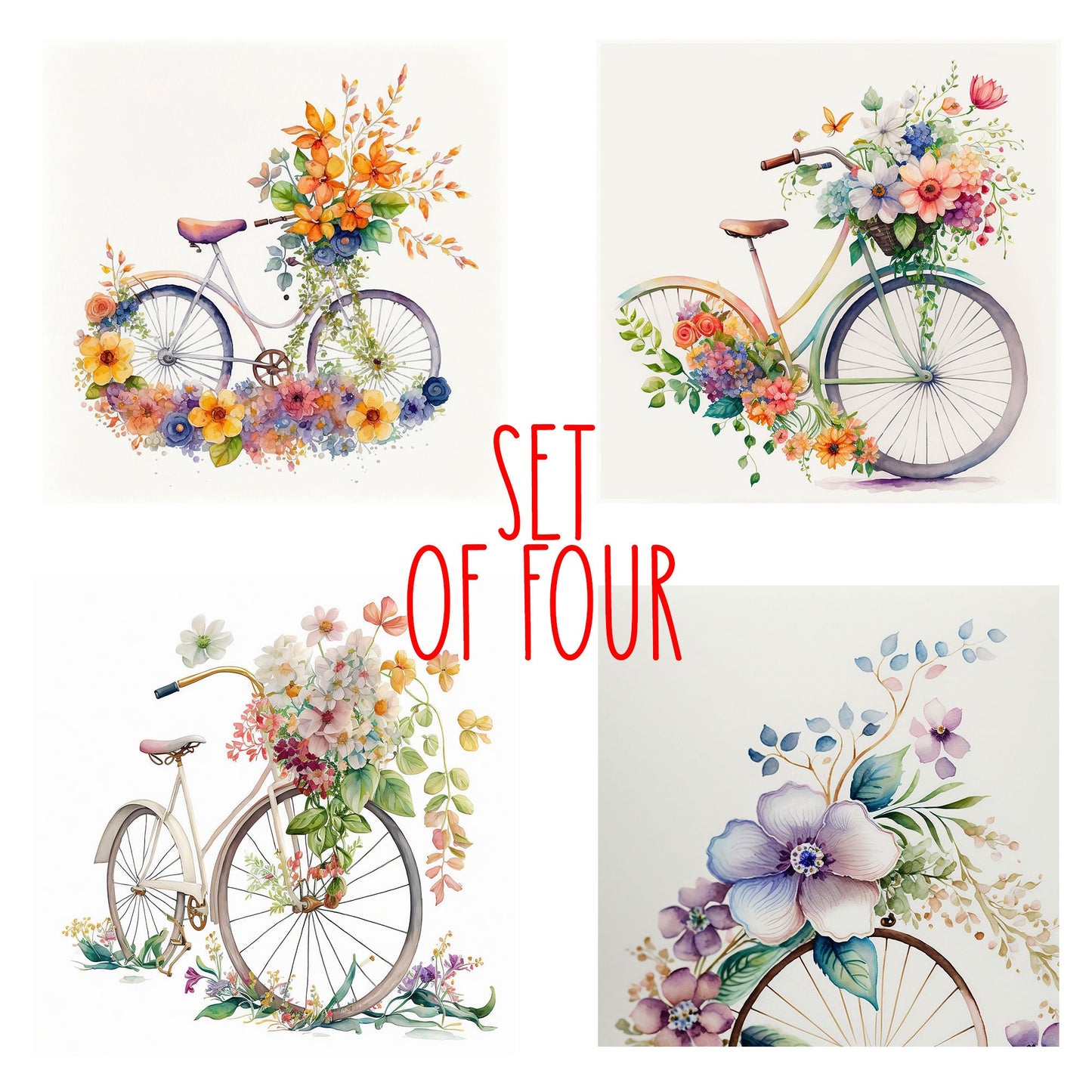 Floral Bicycles Art Decorative Ceramic Tile Set with Optional Easel Back - Available in 4 sizes - Set of 4