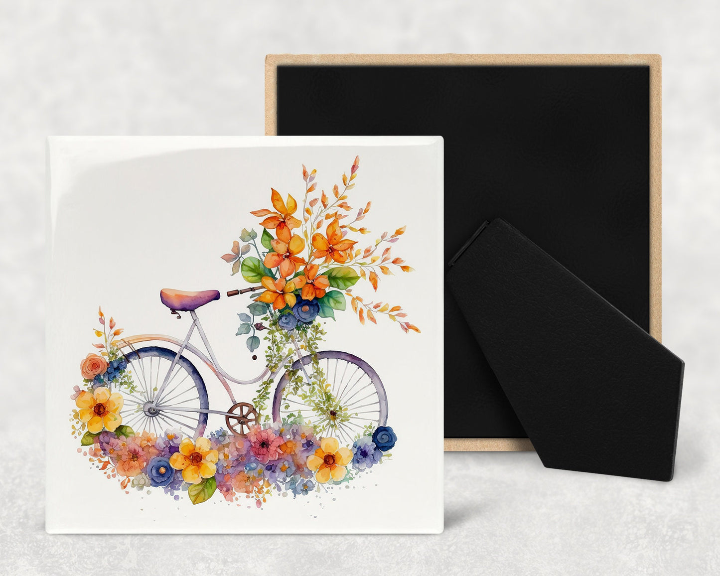 Floral Bicycles Art Decorative Ceramic Tile Set with Optional Easel Back - Available in 4 sizes - Set of 4