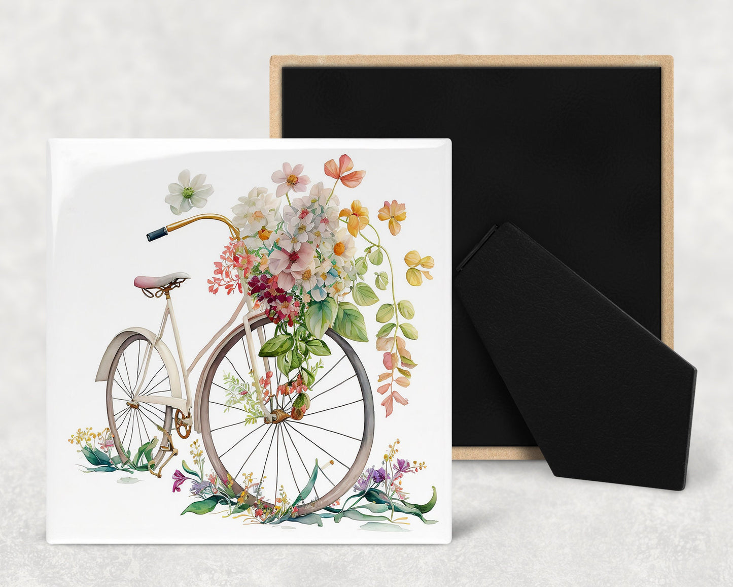 Floral Bicycles Art Decorative Ceramic Tile Set with Optional Easel Back - Available in 4 sizes - Set of 4