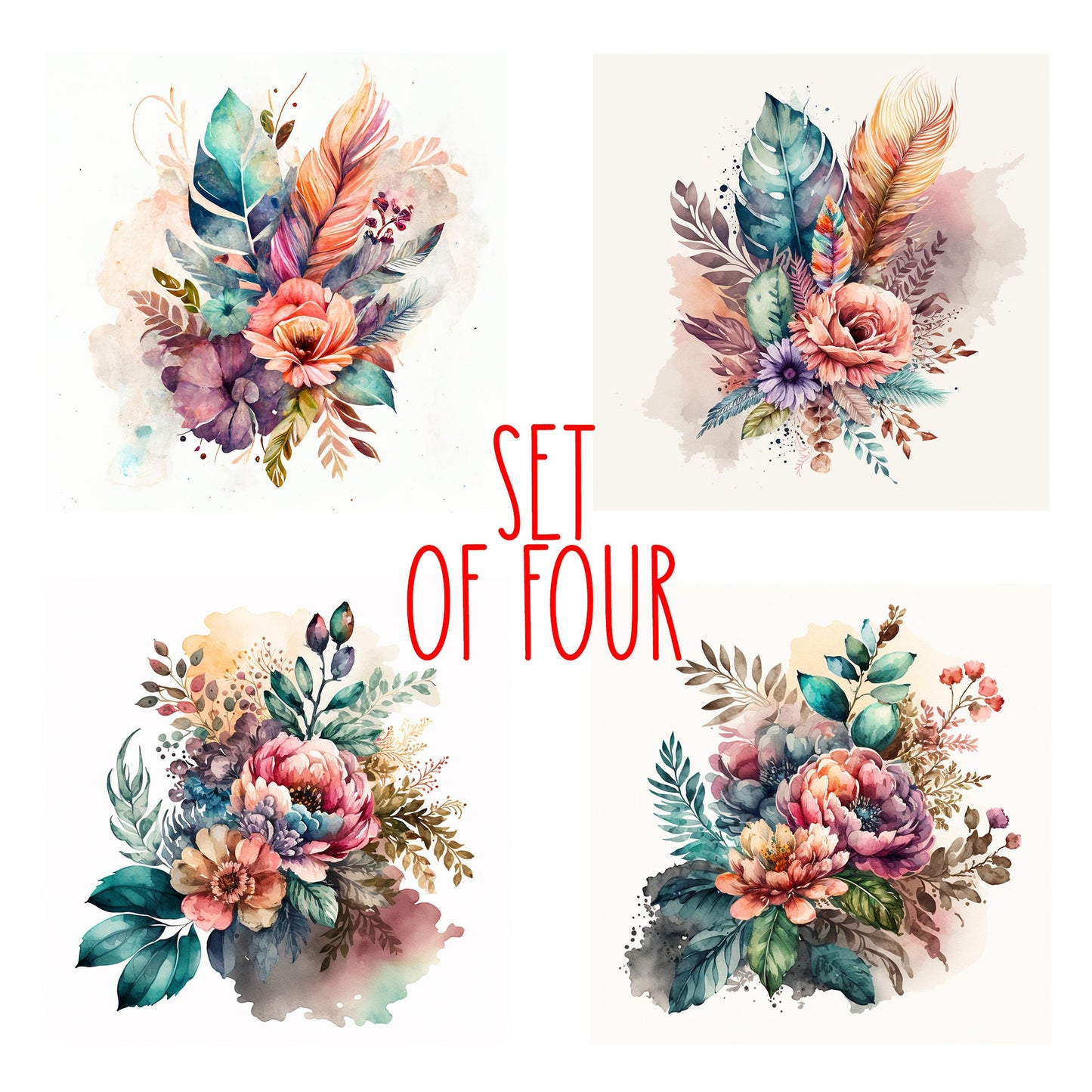 Boho Flowers Art Decorative Ceramic Tile Set with Optional Easel Back - Available in 4 sizes - Set of 4