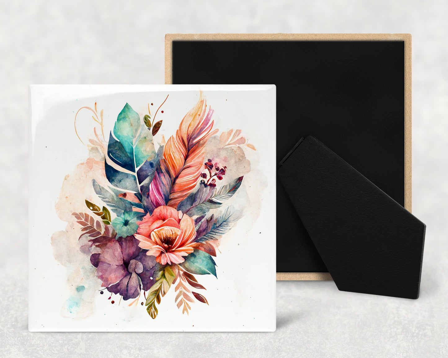 Boho Flowers Art Decorative Ceramic Tile Set with Optional Easel Back - Available in 4 sizes - Set of 4