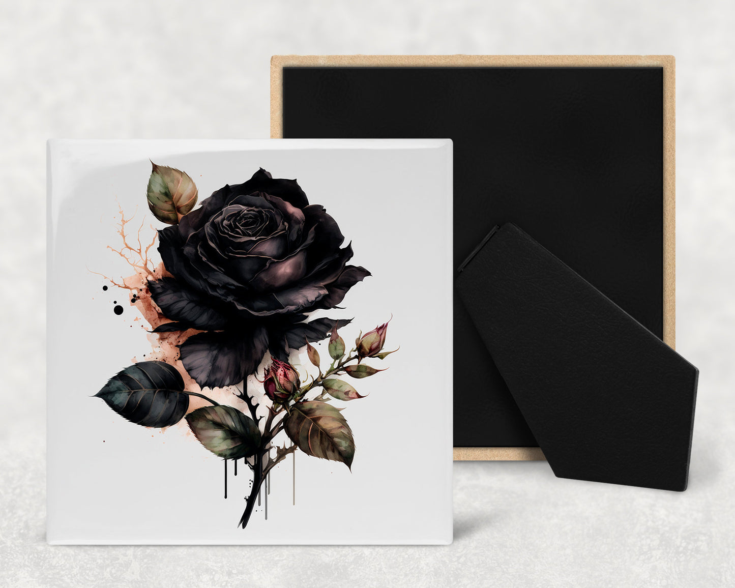 Single Rose Art Decorative Ceramic Tile Set with Optional Easel Back - Available in 4 sizes - Set of 4